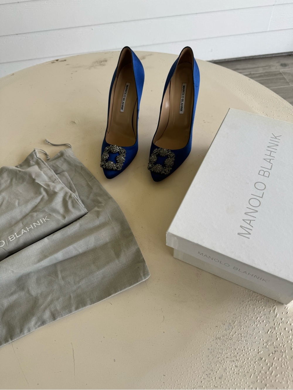 Manolo Blahnik Royal Blue Satin Crystal-Buckle Pointed Pump - Picture 2 of 4
